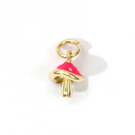 Image de 2 Pcs Breloques Respectueux de la Nature en Laiton Plaqué Or Véritable 18K Rose Émail Champignon 3D 13mm x 8mm