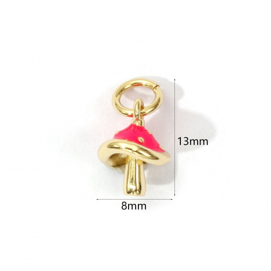 Image de 2 Pcs Breloques Respectueux de la Nature en Laiton Plaqué Or Véritable 18K Rose Émail Champignon 3D 13mm x 8mm