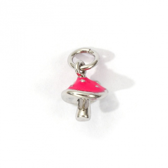 Image de 2 Pcs Breloques Respectueux de la Nature en Laiton Plaqué Platine Véritable Rose Émail Champignon 3D 13mm x 8mm