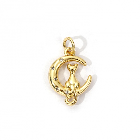 Picture of 2 PCs Eco-friendly Brass Galaxy Charms 18K Real Gold Plated Crescent Moon Cat Micro Pave Clear Cubic Zirconia 20mm x 12mm