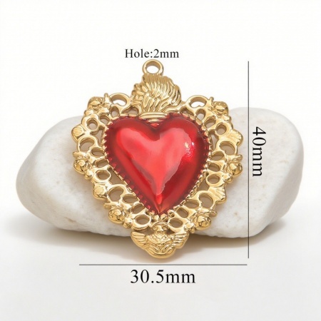 Picture of 1 Piece Eco-friendly PVD Vacuum Plating 304 Stainless Steel Pendant Charm Necklace 18K Gold Plated Red Heart Enamel 30.5mm x 40mm