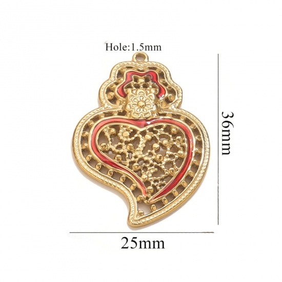 1 Piece Eco-friendly PVD Vacuum Plating 304 Stainless Steel Pendant Charm Necklace 18K Gold Plated Red Heart Enamel 25mm x 36mm の画像
