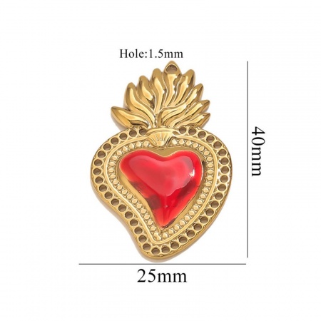 Picture of 1 Piece Eco-friendly PVD Vacuum Plating 304 Stainless Steel Pendant Charm Necklace 18K Gold Plated Red Heart Enamel 25mm x 40mm