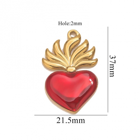 1 Piece Eco-friendly PVD Vacuum Plating 304 Stainless Steel Pendant Charm Necklace 18K Gold Plated Red Heart Enamel 21.5mm x 37mm の画像