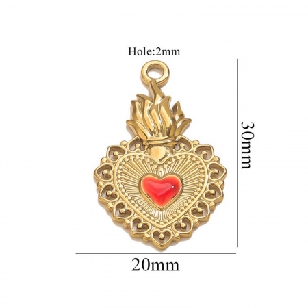Picture of 1 Piece Eco-friendly PVD Vacuum Plating 304 Stainless Steel Pendant Charm Necklace 18K Gold Plated Red Heart Enamel 20mm x 30mm