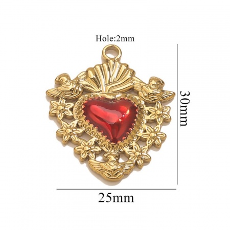 Picture of 1 Piece Eco-friendly PVD Vacuum Plating 304 Stainless Steel Pendant Charm Necklace 18K Gold Plated Red Heart Enamel 25mm x 30mm