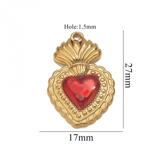 1 Piece Eco-friendly PVD Vacuum Plating 304 Stainless Steel Pendant Charm Necklace 18K Gold Plated Red Heart Enamel 17mm x 27mm の画像