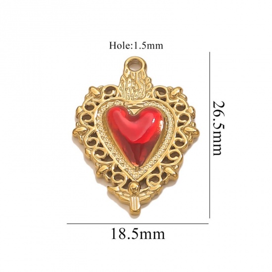 1 Piece Eco-friendly PVD Vacuum Plating 304 Stainless Steel Pendant Charm Necklace 18K Gold Plated Red Heart Enamel 18.5mm x 26.5mm の画像