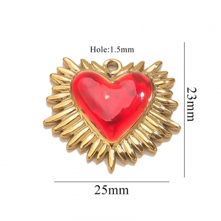 Picture of 1 Piece Eco-friendly PVD Vacuum Plating 304 Stainless Steel Pendant Charm Necklace 18K Gold Plated Red Heart Enamel 25mm x 23mm