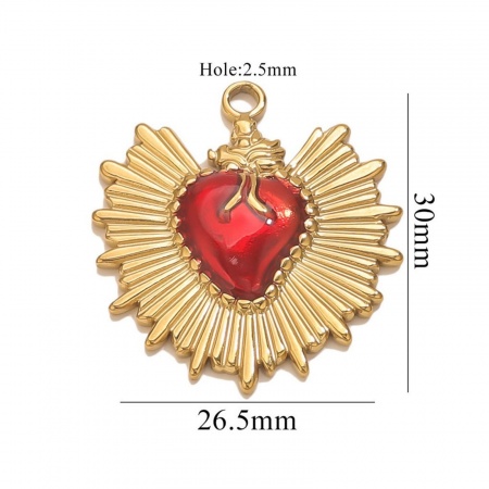 Picture of 1 Piece Eco-friendly PVD Vacuum Plating 304 Stainless Steel Pendant Charm Necklace 18K Gold Plated Red Heart Enamel 26.5mm x 20mm