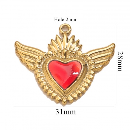 Picture of 1 Piece Eco-friendly PVD Vacuum Plating 304 Stainless Steel Pendant Charm Necklace 18K Gold Plated Red Heart Enamel 31mm x 28mm