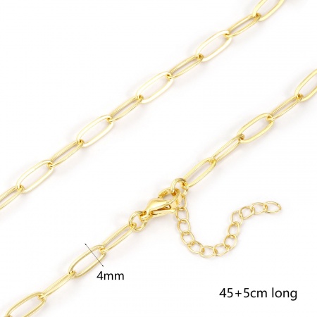 Picture of 1 Piece Brass Paperclip Link Chain Necklace 18K Gold Plated 45cm(17.7") + 5cm(2") long, Chain Size: 4mm