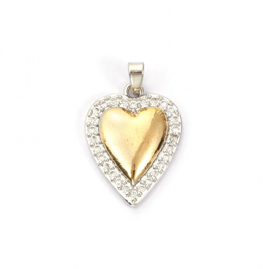 Imagen de 1 Piece Brass Valentine's Day Charms 18K Gold Plated & Platinum Plated Heart Two Tone Clear Cubic Zirconia 25mm x 16mm