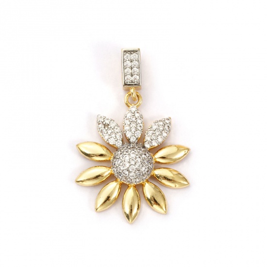 Imagen de 1 Piece Brass Pendants 18K Gold Plated & Platinum Plated Flower Two Tone Clear Cubic Zirconia 3.3cm x 2.1cm