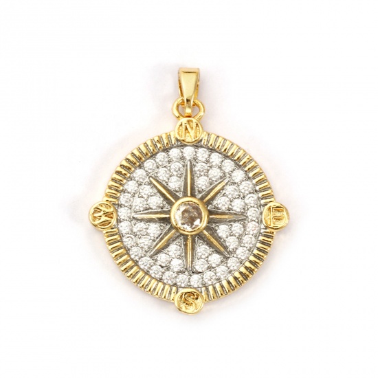 Imagen de 1 Piece Brass Travel Pendants 18K Gold Plated & Platinum Plated Compass Two Tone Clear Cubic Zirconia 3.1cm x 2.4cm