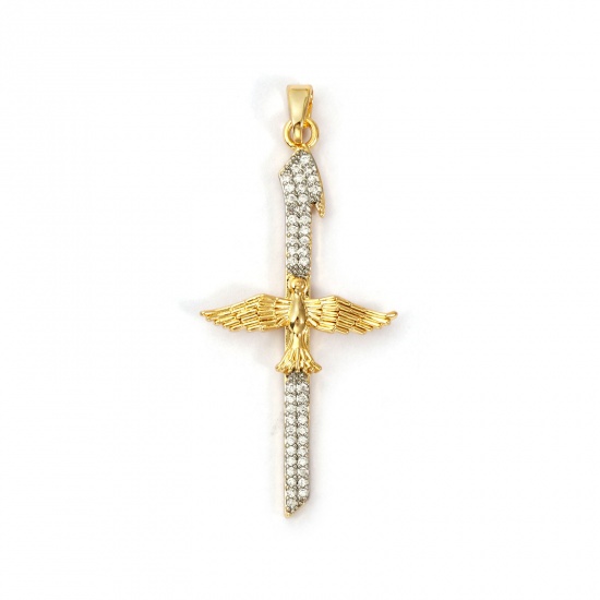 Imagen de 1 Piece Brass Religious Pendants 18K Gold Plated & Platinum Plated Cross Eagle Two Tone Clear Cubic Zirconia 4.5cm x 2cm