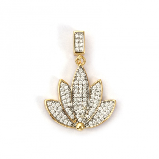 Imagen de 1 Piece Brass Pendants 18K Gold Plated & Platinum Plated Lotus Flower Two Tone Clear Cubic Zirconia 3.1cm x 2.2cm