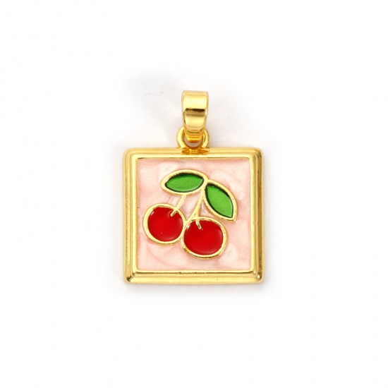 Picture of 2 PCs Brass Charm Pendant 18K Gold Plated Pink Enamel Square Cherry Fruit 21mm x 14mm