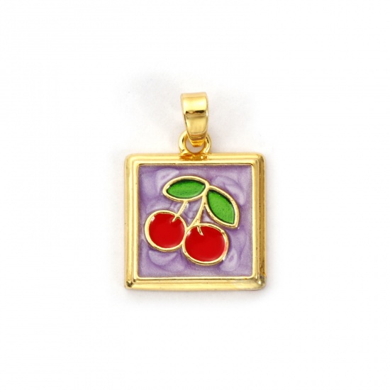 Picture of 2 PCs Brass Charm Pendant 18K Gold Plated Purple Enamel Square Cherry Fruit 21mm x 14mm