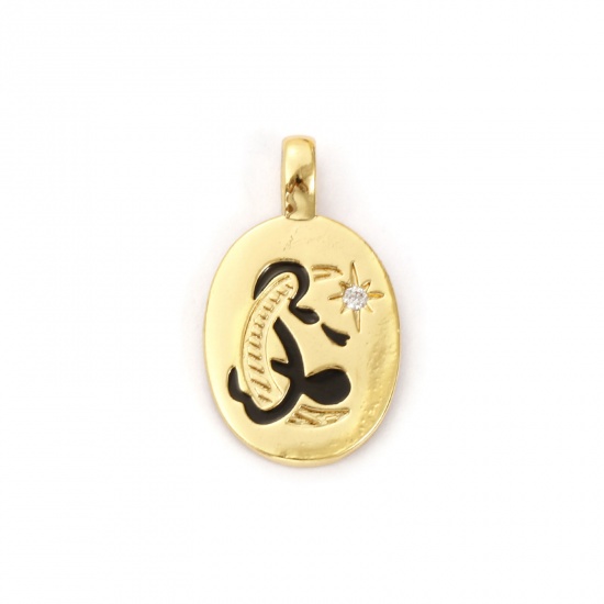 Picture of 2 PCs Brass Galaxy Charms 18K Gold Plated Black Enamel Oval Moon Clear Cubic Zirconia 23mm x 14mm