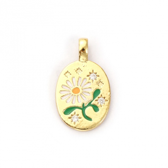 Picture of 2 PCs Brass Galaxy Charms 18K Gold Plated Green Enamel Oval Flower Clear Cubic Zirconia 23mm x 14mm