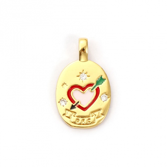 Picture of 2 PCs Brass Valentine's Day Charms 18K Gold Plated Multicolor Enamel Oval Arrow Through Heart Clear Cubic Zirconia 23mm x 14mm