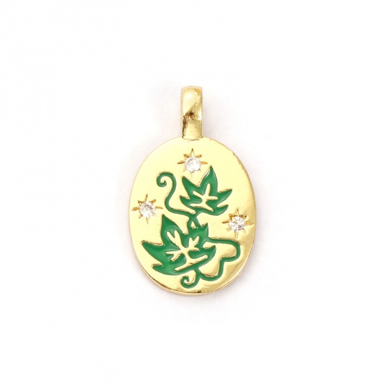 Picture of 2 PCs Brass Charms 18K Gold Plated Green Enamel Oval Leaf Clear Cubic Zirconia 23mm x 14mm