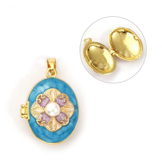 Picture of 1 Piece Brass Picture Photo Locket Frame Pendants 18K Gold Plated Blue Enamel Oval Flower Acrylic Imitation Pearl 27mm x 17mm