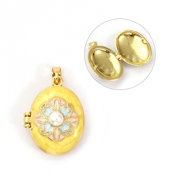 Picture of 1 Piece Brass Picture Photo Locket Frame Pendants 18K Gold Plated Yellow Enamel Oval Flower Acrylic Imitation Pearl 27mm x 17mm