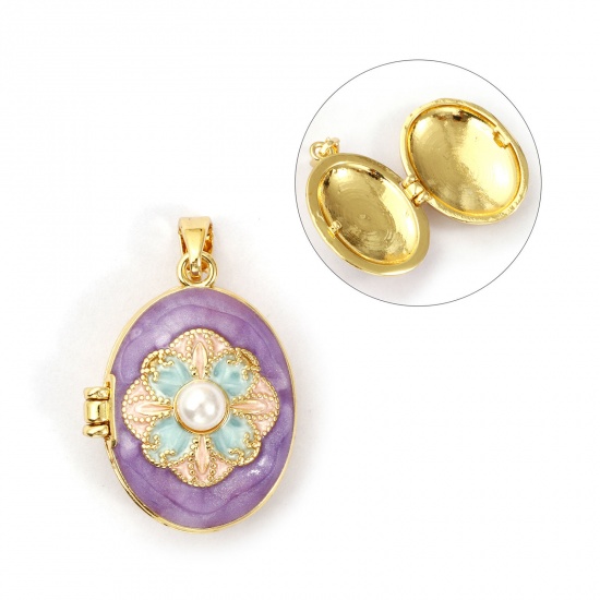 Picture of 1 Piece Brass Picture Photo Locket Frame Pendants 18K Gold Plated Purple Enamel Oval Flower Acrylic Imitation Pearl 27mm x 17mm
