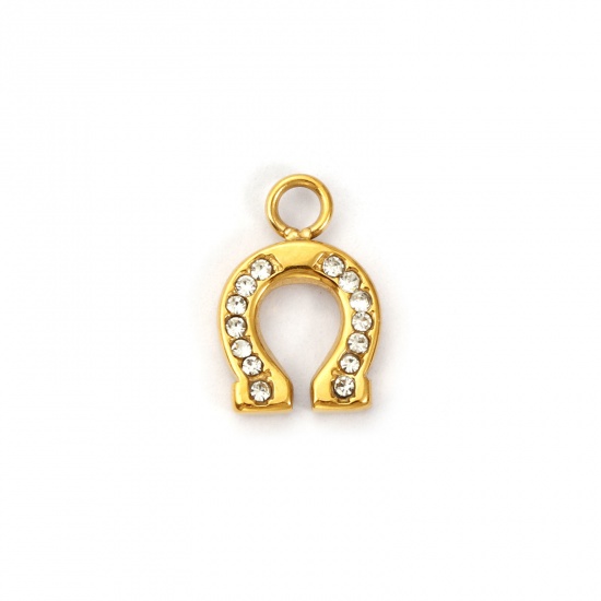 Picture of 1 Piece Eco-friendly PVD Vacuum Plating 304 Stainless Steel West Cowboy Charms 18K Real Gold Plated Luck Horseshoe Clear Cubic Zirconia 14mm x 9.5mm