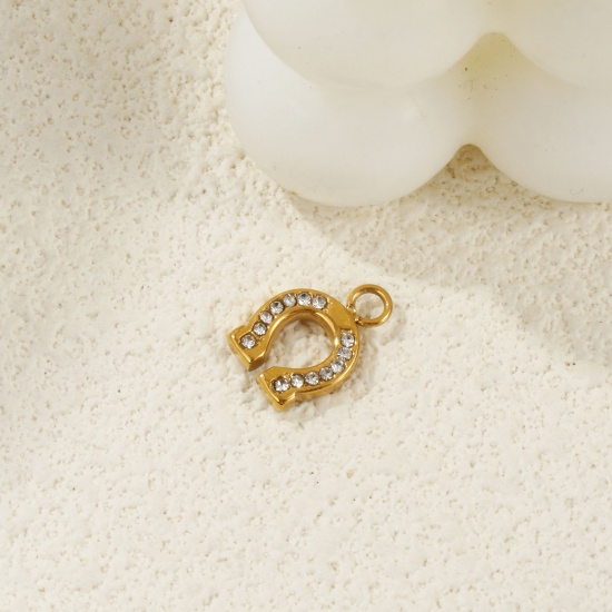 Picture of 1 Piece Eco-friendly PVD Vacuum Plating 304 Stainless Steel West Cowboy Charms 18K Real Gold Plated Luck Horseshoe Clear Cubic Zirconia 14mm x 9.5mm