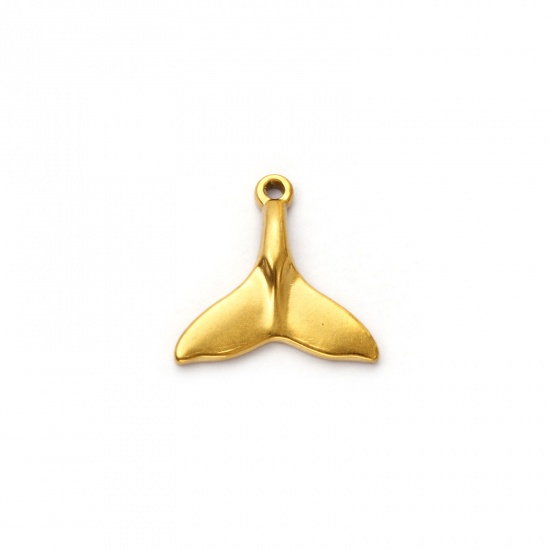 Picture of 2 PCs Eco-friendly PVD Vacuum Plating 304 Stainless Steel Charms 18K Real Gold Plated Whale Tail 19mm x 18mm