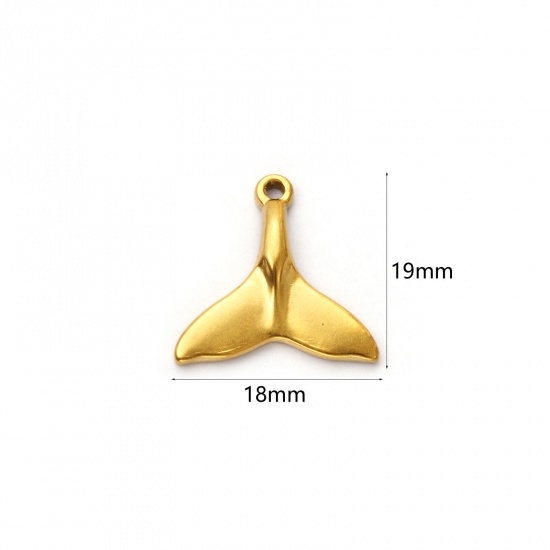 Picture of 2 PCs Eco-friendly PVD Vacuum Plating 304 Stainless Steel Charms 18K Real Gold Plated Whale Tail 19mm x 18mm