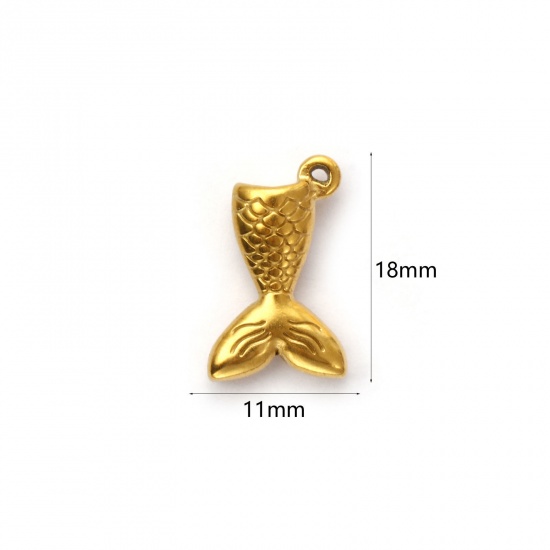 Picture of 2 PCs Eco-friendly PVD Vacuum Plating 304 Stainless Steel Charms 18K Real Gold Plated Fishtail 3D 18mm x 11mm