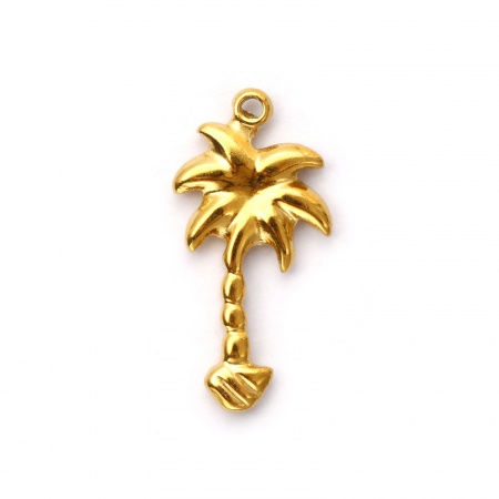 Picture of 2 PCs Eco-friendly PVD Vacuum Plating Waterproof Anti-Tarnish Hypoallergenic 304 Stainless Steel Pendants 18K Real Gold Plated Coconut Palm Tree 3.2cm x 1.6cm