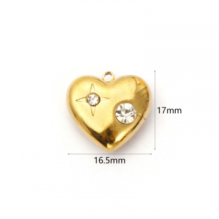 Picture of 2 PCs Eco-friendly PVD Vacuum Plating Waterproof Anti-Tarnish Hypoallergenic 304 Stainless Steel Valentine's Day Charms 18K Real Gold Plated Heart Star Clear Rhinestone 17mm x 16.5mm