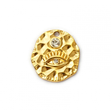 Picture of 2 PCs Eco-friendly PVD Vacuum Plating Waterproof Anti-Tarnish Hypoallergenic 304 Stainless Steel Religious Charms 18K Real Gold Plated Irregular Eye of Providence/ All-seeing Eye Clear Rhinestone 25mm x 23mm