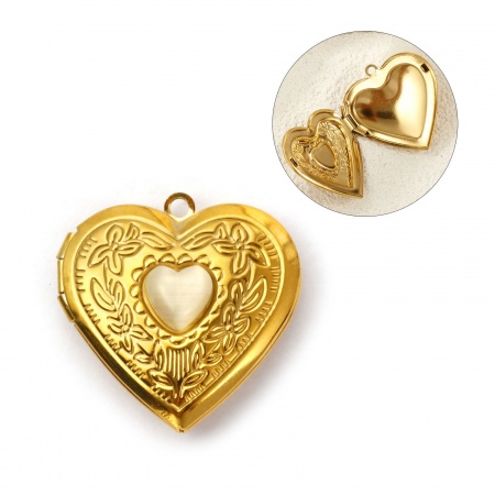Picture of 1 Piece Eco-friendly PVD Vacuum Plating Waterproof Anti-Tarnish Hypoallergenic 304 Stainless Steel Valentine's Day Picture Photo Locket Frame Pendants 18K Real Gold Plated White Heart Can Open 29mm x 29mm