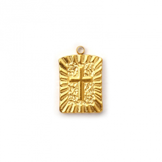 Immagine di 2 Pz Placcatura Sottovuoto PVD Ecologica 304 Acciaio Inossidabile Religione Ciondoli 18K Vero Oro Placcato Rettangolo Croce 18.5mm x 12mm