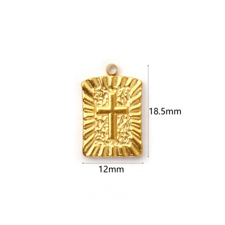 Picture of 2 PCs Eco-friendly PVD Vacuum Plating Waterproof Anti-Tarnish Hypoallergenic 304 Stainless Steel Religious Charms 18K Real Gold Plated Rectangle Cross 25mm x 17mm