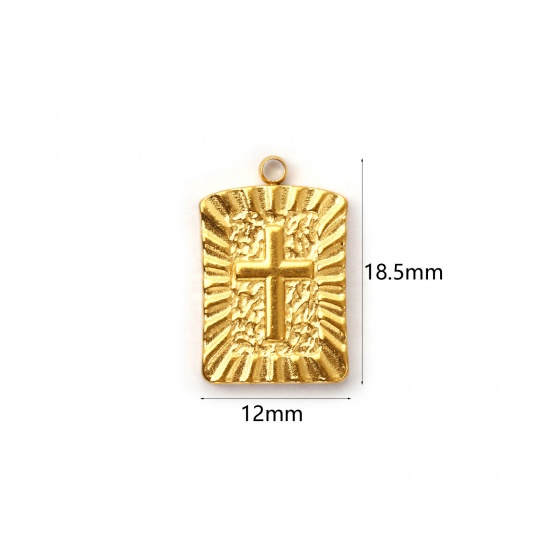 Immagine di 2 Pz Placcatura Sottovuoto PVD Ecologica 304 Acciaio Inossidabile Religione Ciondoli 18K Vero Oro Placcato Rettangolo Croce 18.5mm x 12mm