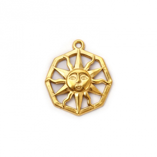 Immagine di 2 Pz Placcatura Sottovuoto PVD Ecologica 304 Acciaio Inossidabile Galassia Ciondoli 18K Vero Oro Placcato Ottagono Sole Filigrana 23mm x 20mm