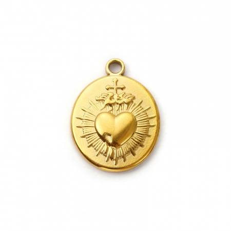 Picture of 2 PCs Eco-friendly PVD Vacuum Plating Waterproof Anti-Tarnish Hypoallergenic 304 Stainless Steel Religious Charms 18K Real Gold Plated Oval Ex Voto Heart 24mm x 18mm