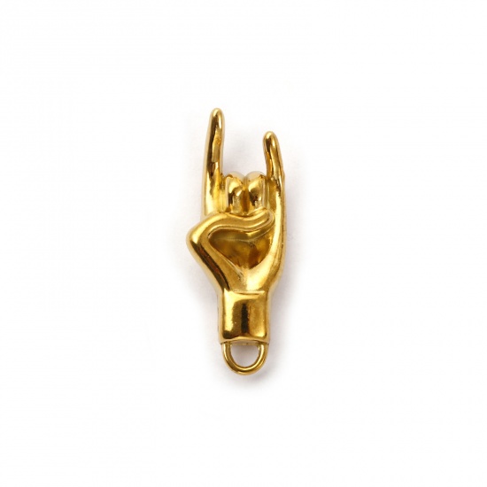 Immagine di 2 Pz Placcatura Sottovuoto PVD Ecologica 304 Acciaio Inossidabile Ciondoli 18K Vero Oro Placcato Gesto del Segno della Mano di Rock N Roll 3D 28mm x 11mm