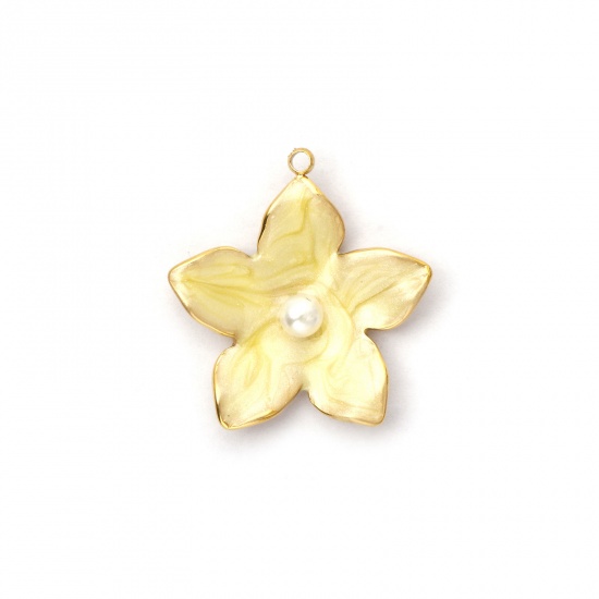 Picture of 1 Piece Eco-friendly PVD Vacuum Plating 304 Stainless Steel Charms 18K Real Gold Plated Beige Enamel Flower Acrylic Imitation Pearl 25mm x 23mm