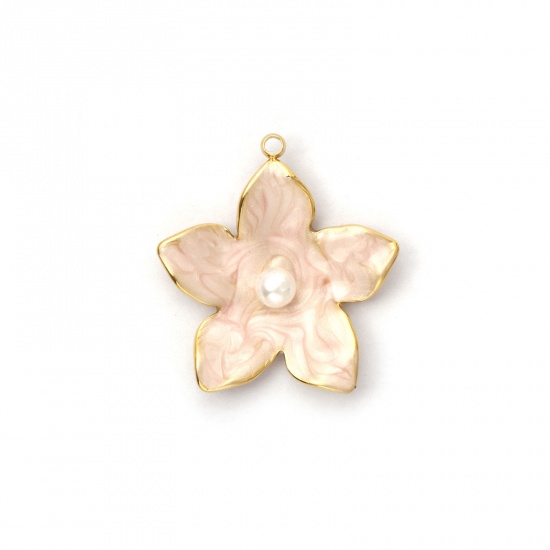 Picture of 1 Piece Eco-friendly PVD Vacuum Plating 304 Stainless Steel Charms 18K Real Gold Plated Light Pink Enamel Flower Acrylic Imitation Pearl 25mm x 23mm