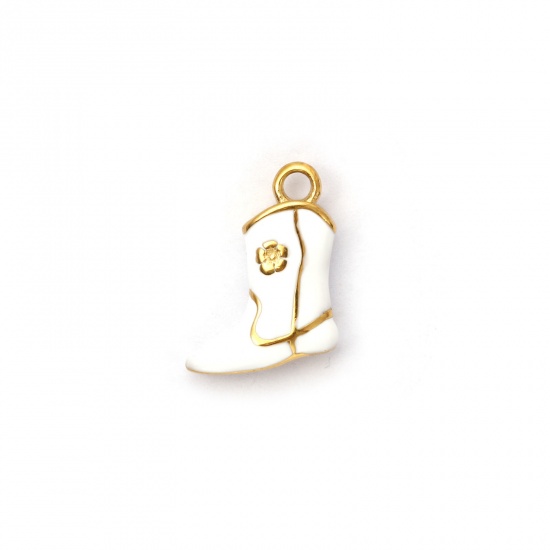 Immagine di 1 Piece Eco-friendly PVD Vacuum Plating 304 Stainless Steel West Cowboy Charms 18K Real Gold Plated White Enamel Boots 3D 16mm x 12mm