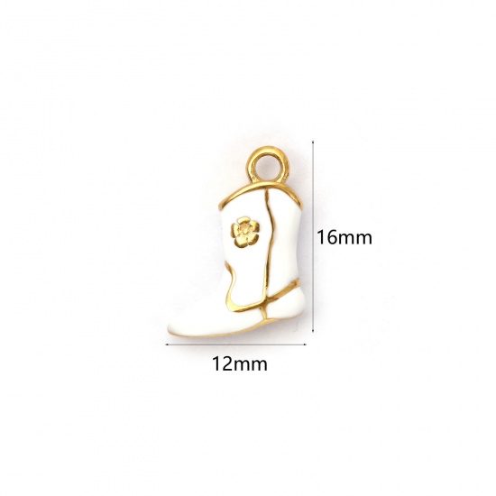 Immagine di 1 Piece Eco-friendly PVD Vacuum Plating 304 Stainless Steel West Cowboy Charms 18K Real Gold Plated White Enamel Boots 3D 16mm x 12mm