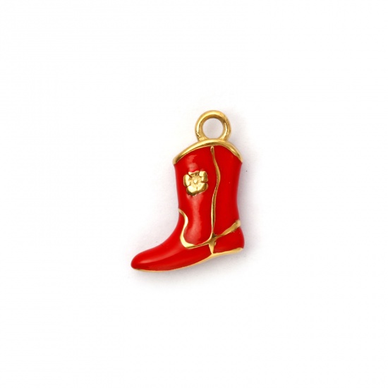 Immagine di 1 Piece Eco-friendly PVD Vacuum Plating 304 Stainless Steel West Cowboy Charms 18K Real Gold Plated Red Enamel Boots 3D 16mm x 12mm